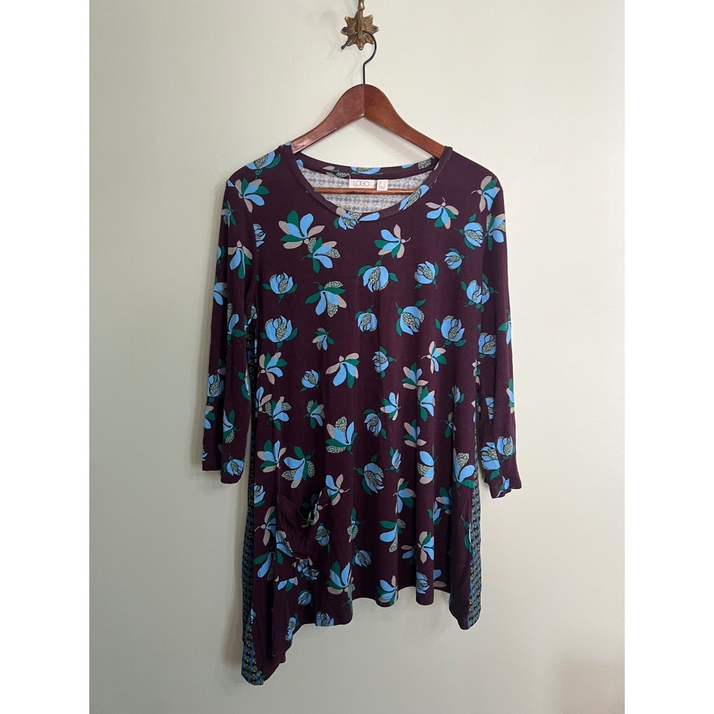 LOGO Lori Goldstein Large Floral Mixed Print Asymmetrical Tunic Top Indie Artsy